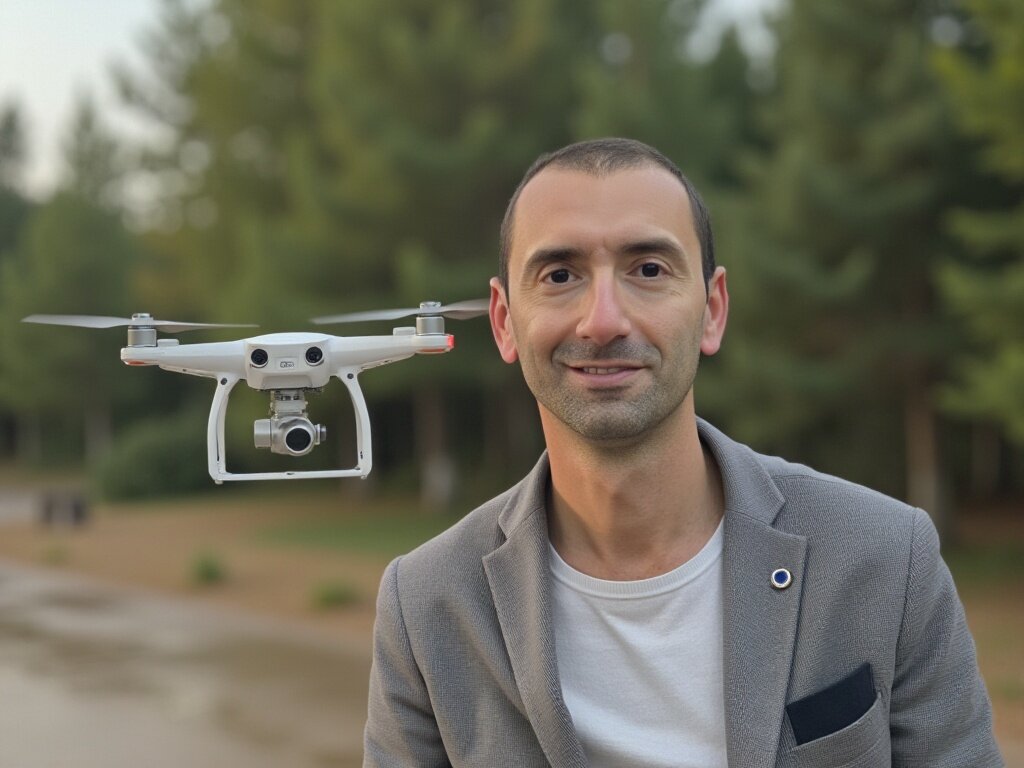 Alessandro Carenza con un drone in volo, immagine generata con l'IA